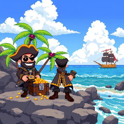 A vibrant pixel art scene featuring a charismatic pirate standing on a rocky shore, with a treasure chest overflowing with gold and jewels beside him