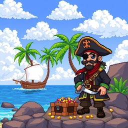 A vibrant pixel art scene featuring a charismatic pirate standing on a rocky shore, with a treasure chest overflowing with gold and jewels beside him