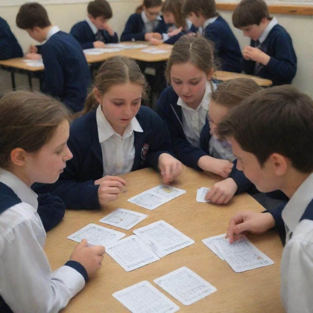 A lively scene of students engaged in a maths card game. There is a palpable air of concentration and enjoyment as they are engrossed in using the cards to solve math problems.