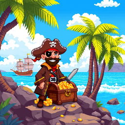 A vibrant pixel art scene featuring a charismatic pirate standing on a rocky shore, with a treasure chest overflowing with gold and jewels beside him