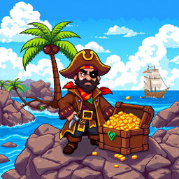 A vibrant pixel art scene featuring a charismatic pirate standing on a rocky shore, with a treasure chest overflowing with gold and jewels beside him