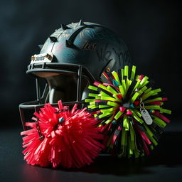 A striking composition featuring a rugged football helmet adorned with punk style elements such as studs, spikes, and graffitied designs, sitting prominently next to a cheerleading pom pom that is splattered with vibrant neon colors and adorned with edgy decorations like chains and safety pins