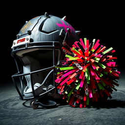 A striking composition featuring a rugged football helmet adorned with punk style elements such as studs, spikes, and graffitied designs, sitting prominently next to a cheerleading pom pom that is splattered with vibrant neon colors and adorned with edgy decorations like chains and safety pins