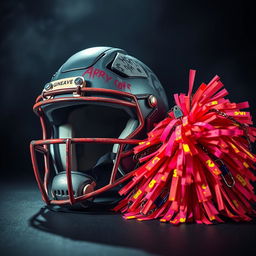 A striking composition featuring a rugged football helmet adorned with punk style elements such as studs, spikes, and graffitied designs, sitting prominently next to a cheerleading pom pom that is splattered with vibrant neon colors and adorned with edgy decorations like chains and safety pins