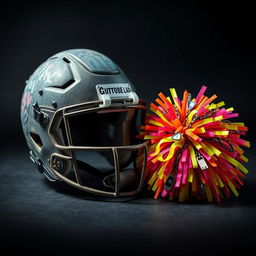 A striking composition featuring a rugged football helmet adorned with punk style elements such as studs, spikes, and graffitied designs, sitting prominently next to a cheerleading pom pom that is splattered with vibrant neon colors and adorned with edgy decorations like chains and safety pins