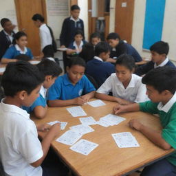 A lively scene of students engaged in a maths card game. There is a palpable air of concentration and enjoyment as they are engrossed in using the cards to solve math problems.