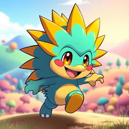 A vibrant and dynamic depiction of 'Hoy Echidnal,' a fictional character inspired by an echidna Pokémon