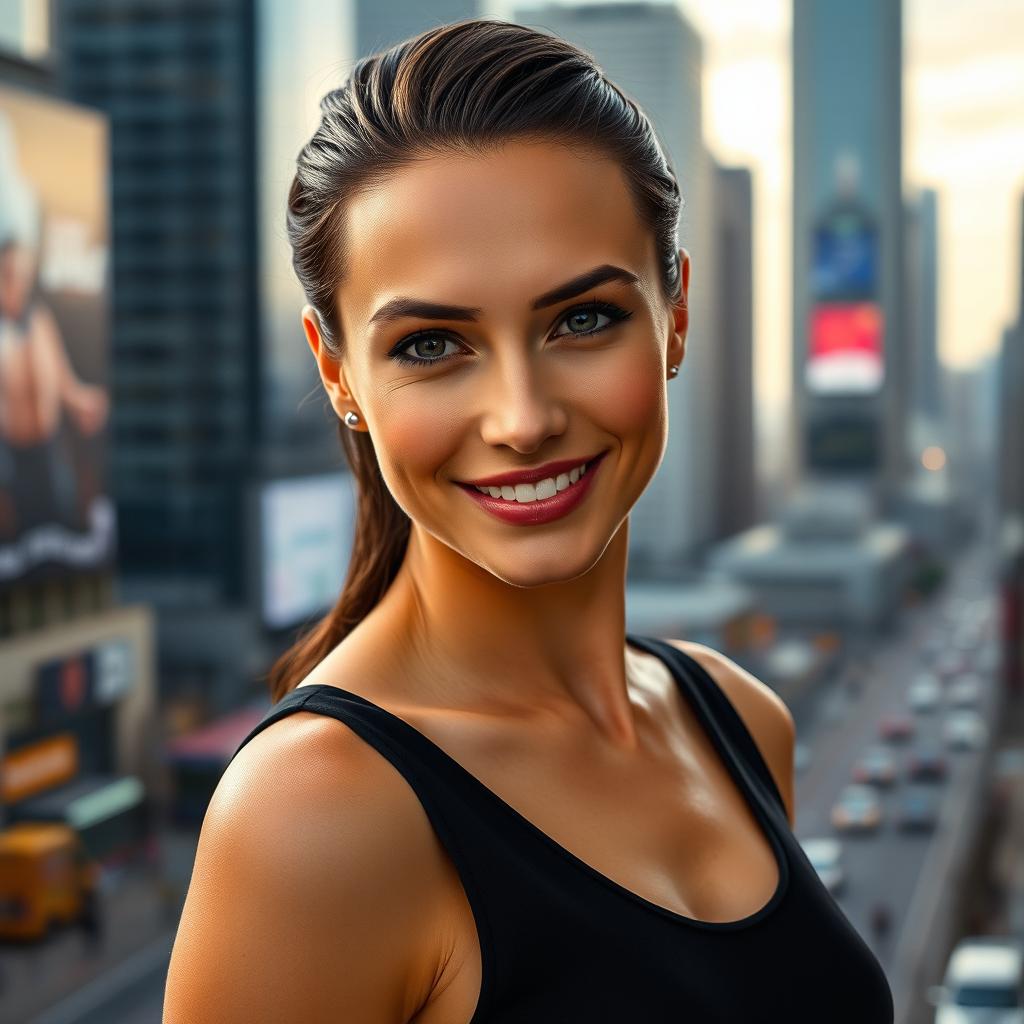 A stunning portrait of Gal Gadot at 30, exuding warmth and charm as she gazes directly at the camera with a gentle head tilt and a radiant smile