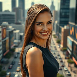 A stunning portrait of Gal Gadot at 30, exuding warmth and charm as she gazes directly at the camera with a gentle head tilt and a radiant smile