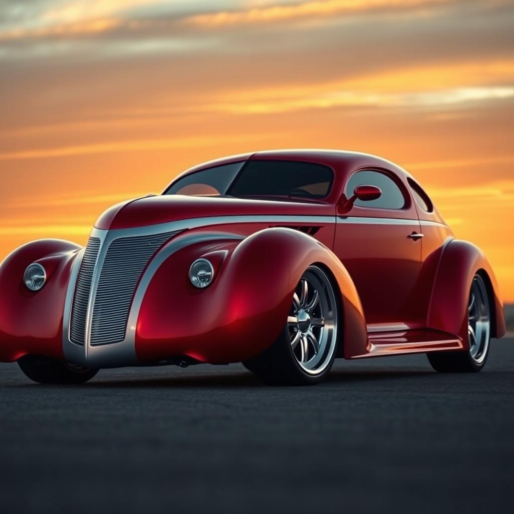 A stunning fusion of a red 1939 Chevrolet Coupe featuring bold silver stripes, designed in a widebody style, merging seamlessly with futuristic BMW avant-garde elements