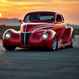 A stunning fusion of a red 1939 Chevrolet Coupe featuring bold silver stripes, designed in a widebody style, merging seamlessly with futuristic BMW avant-garde elements