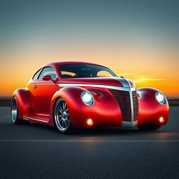 A stunning fusion of a red 1939 Chevrolet Coupe featuring bold silver stripes, designed in a widebody style, merging seamlessly with futuristic BMW avant-garde elements