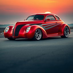 A stunning fusion of a red 1939 Chevrolet Coupe featuring bold silver stripes, designed in a widebody style, merging seamlessly with futuristic BMW avant-garde elements