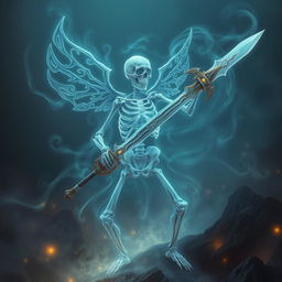 An ethereal spiritual skeleton wielding a magnificent sword, depicted in a mystical and otherworldly atmosphere