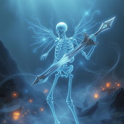 An ethereal spiritual skeleton wielding a magnificent sword, depicted in a mystical and otherworldly atmosphere