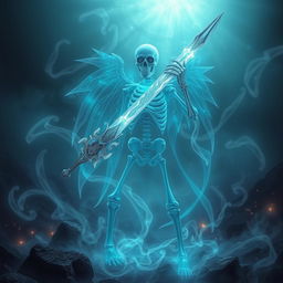 An ethereal spiritual skeleton wielding a magnificent sword, depicted in a mystical and otherworldly atmosphere