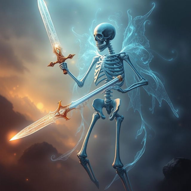 An ethereal spiritual skeleton wielding a magnificent sword, depicted in a mystical and otherworldly atmosphere