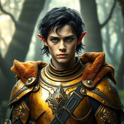 An elven warrior wearing a worn golden armor reminiscent of Elrond's armor from The Lord of the Rings