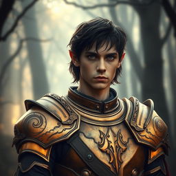 An elven warrior wearing a worn golden armor reminiscent of Elrond's armor from The Lord of the Rings