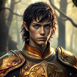 An elven warrior wearing a worn golden armor reminiscent of Elrond's armor from The Lord of the Rings