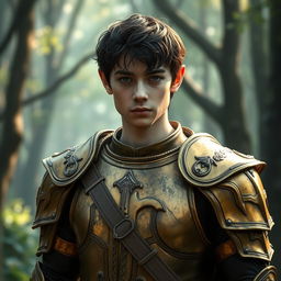 An elven warrior wearing a worn golden armor reminiscent of Elrond's armor from The Lord of the Rings