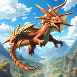 A powerful and majestic dragon inspired by an echidna, featuring sharp quills and vibrant scales, soaring through a fantastical landscape