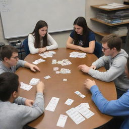 Several students gathered around a table in a math classroom, actively engaged in a card game. Mathematical equations decorate the surroundings and playing cards feature a variety of mathematical symbols.