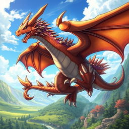 A powerful and majestic dragon inspired by an echidna, featuring sharp quills and vibrant scales, soaring through a fantastical landscape