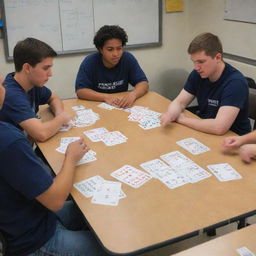 Several students gathered around a table in a math classroom, actively engaged in a card game. Mathematical equations decorate the surroundings and playing cards feature a variety of mathematical symbols.