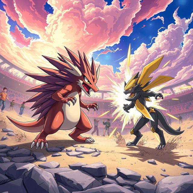 An intense battle scene featuring an echidna-inspired Pokémon in an action-packed pose