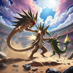 An intense battle scene featuring an echidna-inspired Pokémon in an action-packed pose