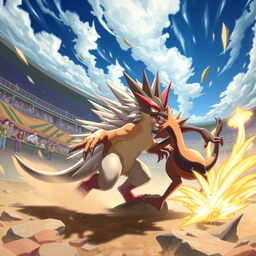 An intense battle scene featuring an echidna-inspired Pokémon in an action-packed pose