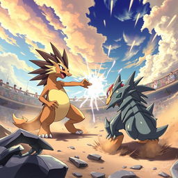 An intense battle scene featuring an echidna-inspired Pokémon in an action-packed pose