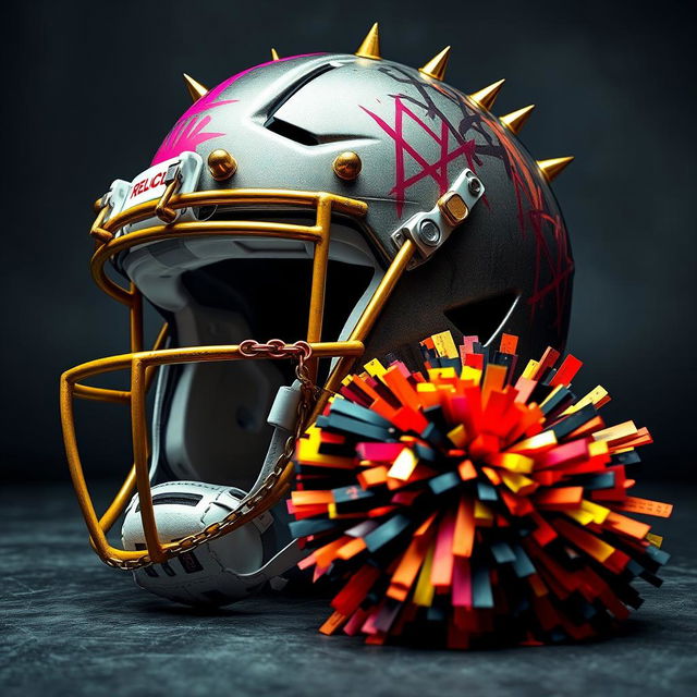 A bold portrayal of a football helmet featuring intense punk style elements, such as decorative spikes, vibrant graffiti, and edgy patterns, placed beside a cheerleading pom pom that showcases a mix of traditional colors with a punk twist, including chains and contrasting neon colors