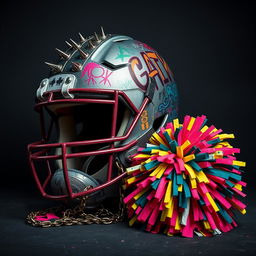 A bold portrayal of a football helmet featuring intense punk style elements, such as decorative spikes, vibrant graffiti, and edgy patterns, placed beside a cheerleading pom pom that showcases a mix of traditional colors with a punk twist, including chains and contrasting neon colors