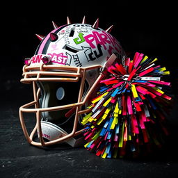 A bold portrayal of a football helmet featuring intense punk style elements, such as decorative spikes, vibrant graffiti, and edgy patterns, placed beside a cheerleading pom pom that showcases a mix of traditional colors with a punk twist, including chains and contrasting neon colors