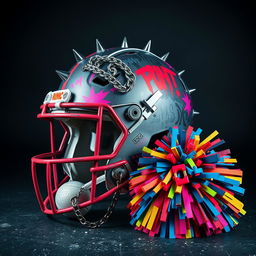 A bold portrayal of a football helmet featuring intense punk style elements, such as decorative spikes, vibrant graffiti, and edgy patterns, placed beside a cheerleading pom pom that showcases a mix of traditional colors with a punk twist, including chains and contrasting neon colors