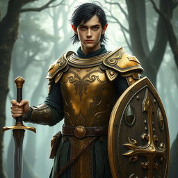 A full-body depiction of an elven warrior wearing worn golden armor reminiscent of Elrond's armor from The Lord of the Rings