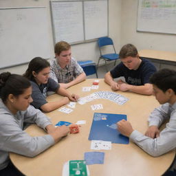 Several students gathered around a table in a math classroom, actively engaged in a card game. Mathematical equations decorate the surroundings and playing cards feature a variety of mathematical symbols.