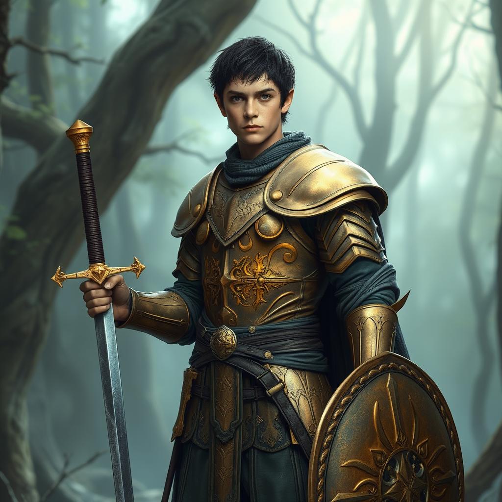 A full-body depiction of an elven warrior wearing worn golden armor reminiscent of Elrond's armor from The Lord of the Rings