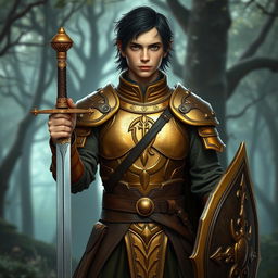 A full-body depiction of an elven warrior wearing worn golden armor reminiscent of Elrond's armor from The Lord of the Rings