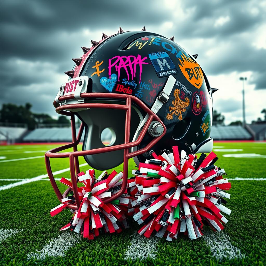 An artistic depiction of a football helmet showcasing punk style elements such as vibrant graffiti, spikes, and patches, placed next to a matching cheerleading pom pom that mixes traditional colors with a punk flair, featuring chains and bold patterns