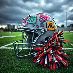 An artistic depiction of a football helmet showcasing punk style elements such as vibrant graffiti, spikes, and patches, placed next to a matching cheerleading pom pom that mixes traditional colors with a punk flair, featuring chains and bold patterns