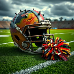 An artistic depiction of a football helmet showcasing punk style elements such as vibrant graffiti, spikes, and patches, placed next to a matching cheerleading pom pom that mixes traditional colors with a punk flair, featuring chains and bold patterns