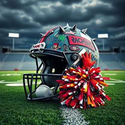 An artistic depiction of a football helmet showcasing punk style elements such as vibrant graffiti, spikes, and patches, placed next to a matching cheerleading pom pom that mixes traditional colors with a punk flair, featuring chains and bold patterns