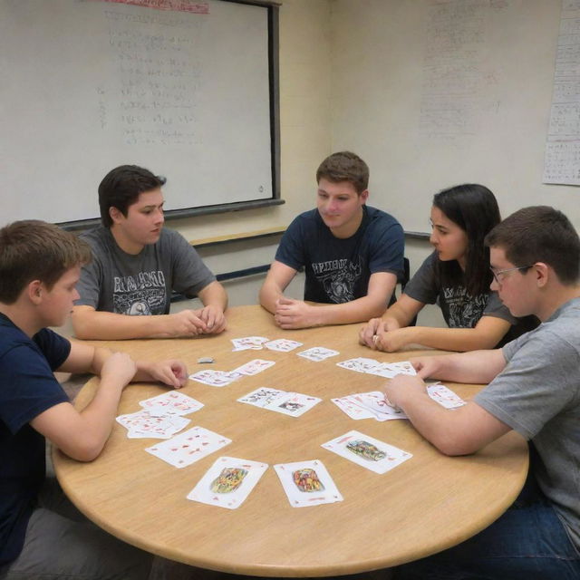 Several students gathered around a table in a math classroom, actively engaged in a card game. Mathematical equations decorate the surroundings and playing cards feature a variety of mathematical symbols.