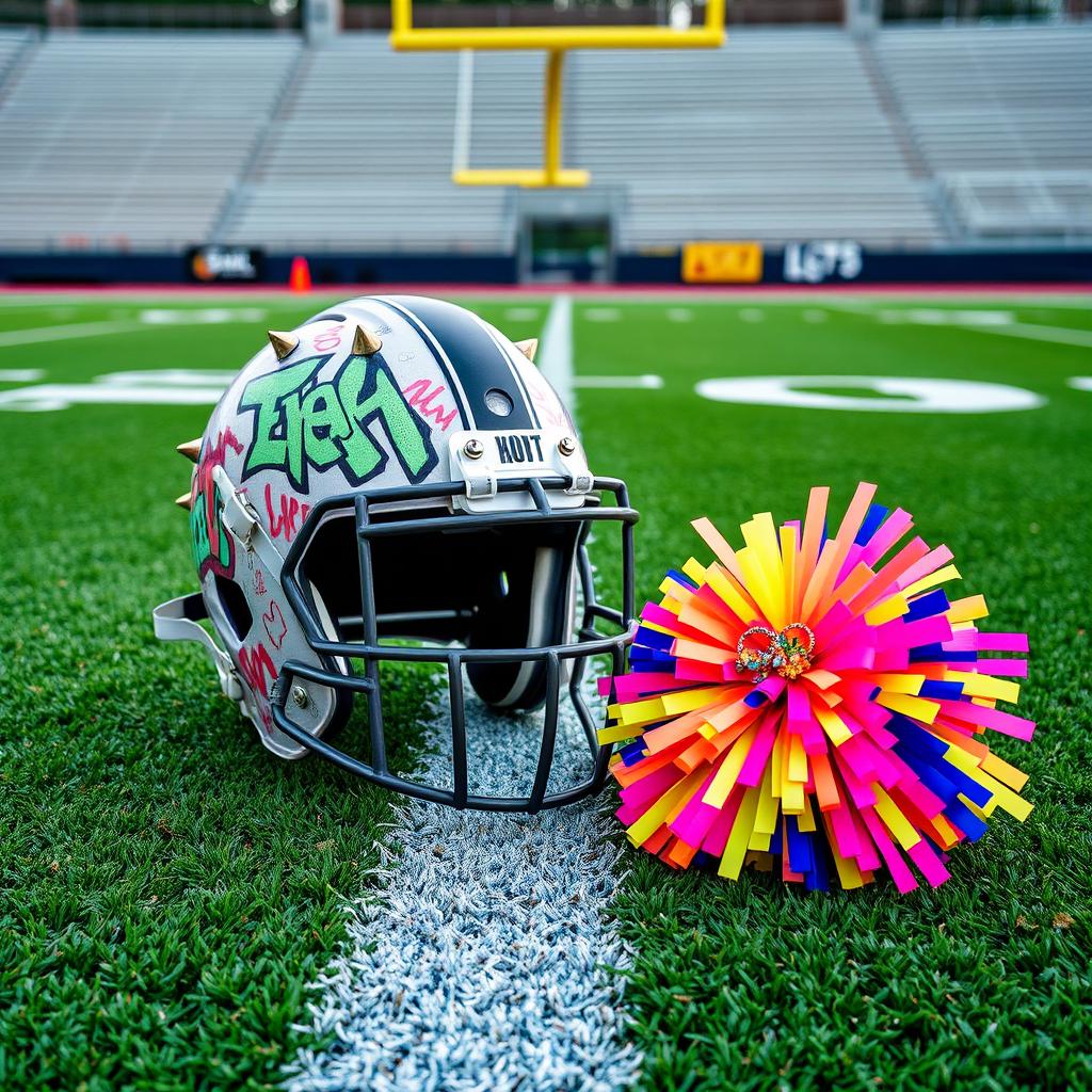 An eye-catching scene displaying a football helmet with a distinct punk style, featuring bold graffiti, spikes, and vibrant colors, positioned next to a cheerleading pom pom designed with a punk flair, incorporating neon hues and edgy accessories