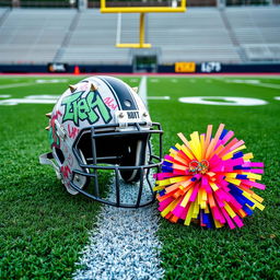 An eye-catching scene displaying a football helmet with a distinct punk style, featuring bold graffiti, spikes, and vibrant colors, positioned next to a cheerleading pom pom designed with a punk flair, incorporating neon hues and edgy accessories