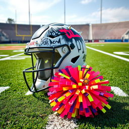 An eye-catching scene displaying a football helmet with a distinct punk style, featuring bold graffiti, spikes, and vibrant colors, positioned next to a cheerleading pom pom designed with a punk flair, incorporating neon hues and edgy accessories