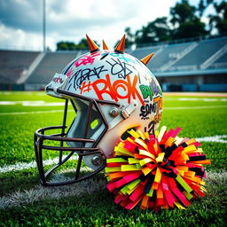 An eye-catching scene displaying a football helmet with a distinct punk style, featuring bold graffiti, spikes, and vibrant colors, positioned next to a cheerleading pom pom designed with a punk flair, incorporating neon hues and edgy accessories